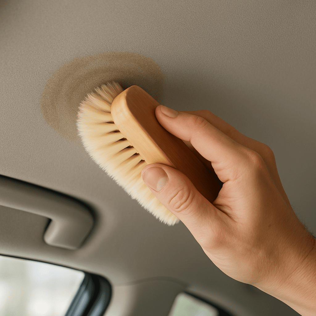 Brossage délicat des taches sur le ciel de toit en tissu d'une voiture avec une brosse à poils souples