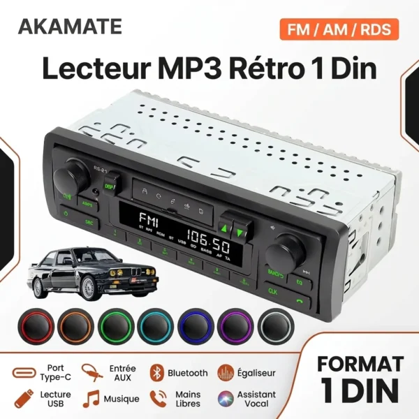 Autoradio Rétro 1 Din Bluetooth MP3 FM AM RDS