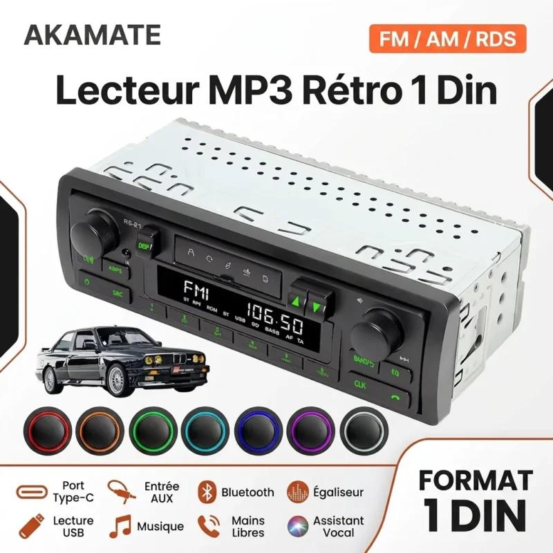 Autoradio Rétro 1 Din Bluetooth MP3 FM AM RDS - Lecteur Audio Stéréo avec Port USB et AUX