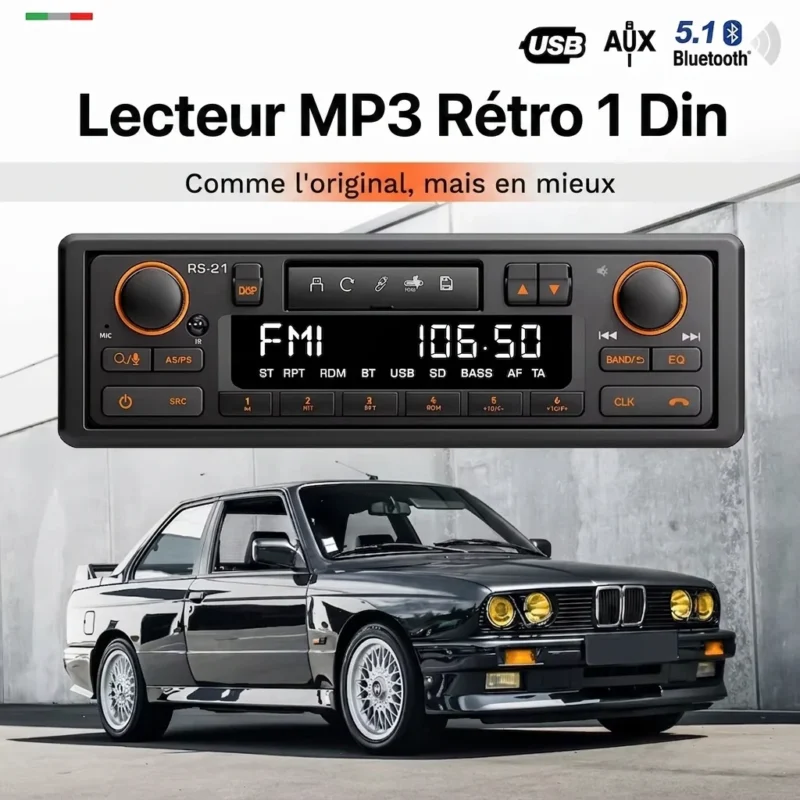 Autoradio Rétro 1 Din Bluetooth MP3 FM AM RDS - Lecteur Audio Stéréo avec Port USB et AUX