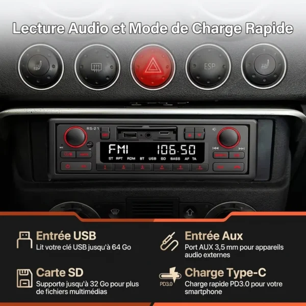 Autoradio Rétro 1 Din Bluetooth MP3 FM AM RDS