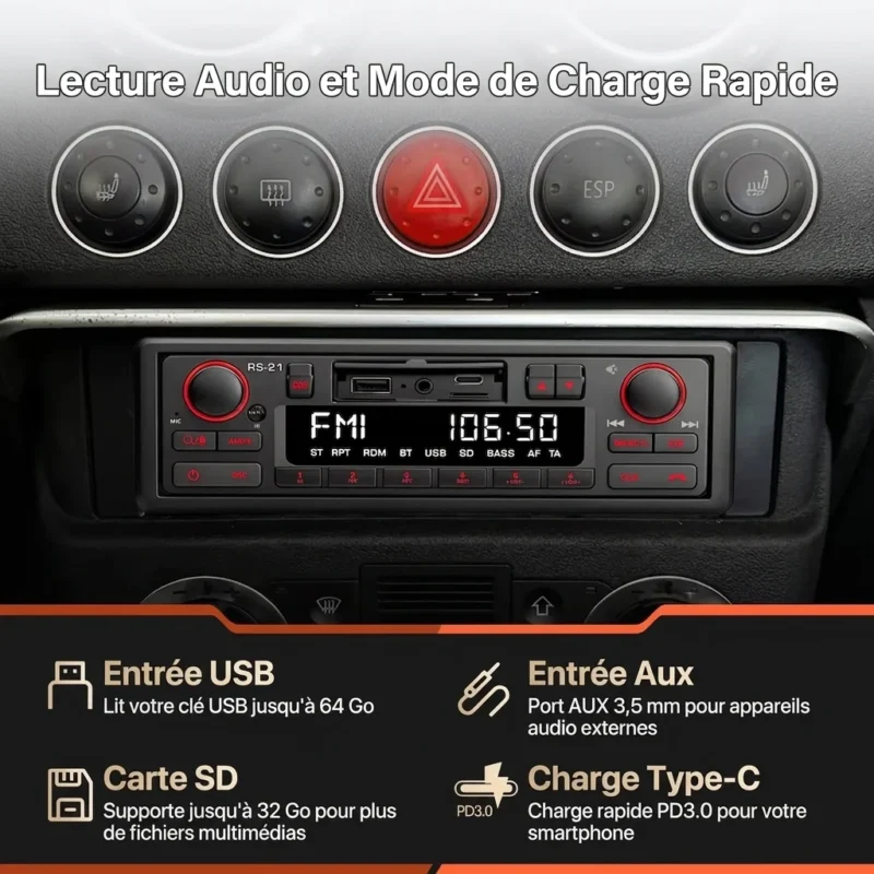 Autoradio Rétro 1 Din Bluetooth MP3 FM AM RDS - Lecteur Audio Stéréo avec Port USB et AUX
