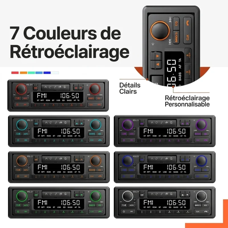 Autoradio Rétro 1 Din Bluetooth MP3 FM AM RDS - Lecteur Audio Stéréo avec Port USB et AUX