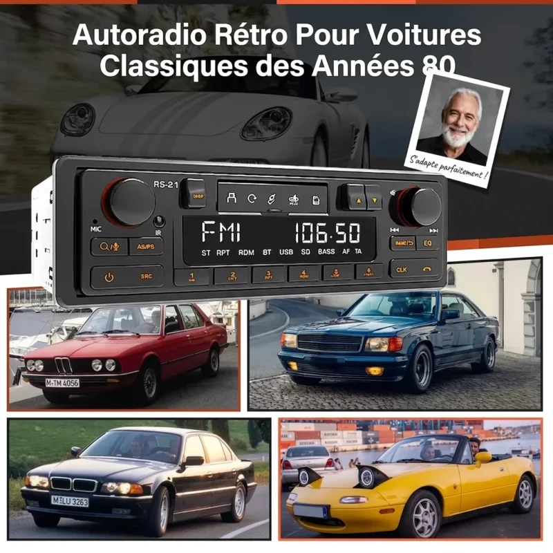 Autoradio Rétro 1 Din Bluetooth MP3 FM AM RDS - Lecteur Audio Stéréo avec Port USB et AUX