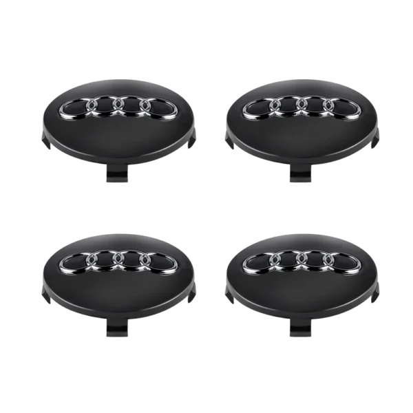 Se94a9ac760804aef84d80cacdf4e31bbu.webp Quatre enjoliveurs de moyeu de roue noirs avec le logo Audi argenté sur fond blanc