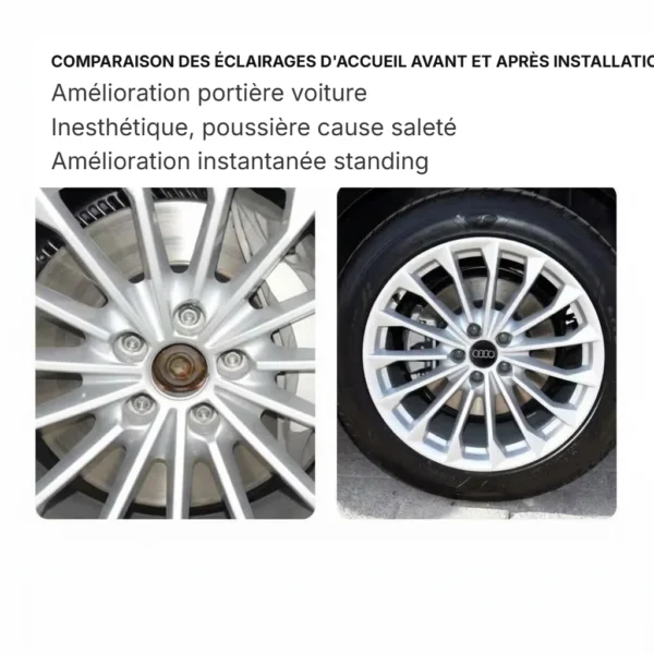 acafba81-31d2-496e-9240-f4bf56001803.webp Comparaison avant et après l'installation de caches moyeux Audi sur une jante de voiture