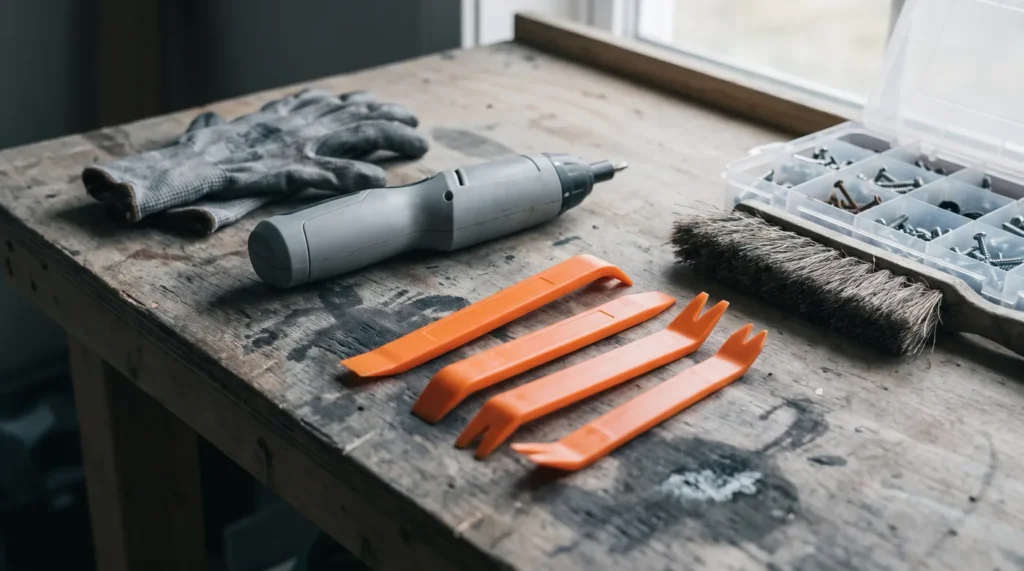 Établi en bois avec des outils de démontage en plastique orange, un tournevis électrique, des gants, une brosse et une boîte de rangement pour vis et clips