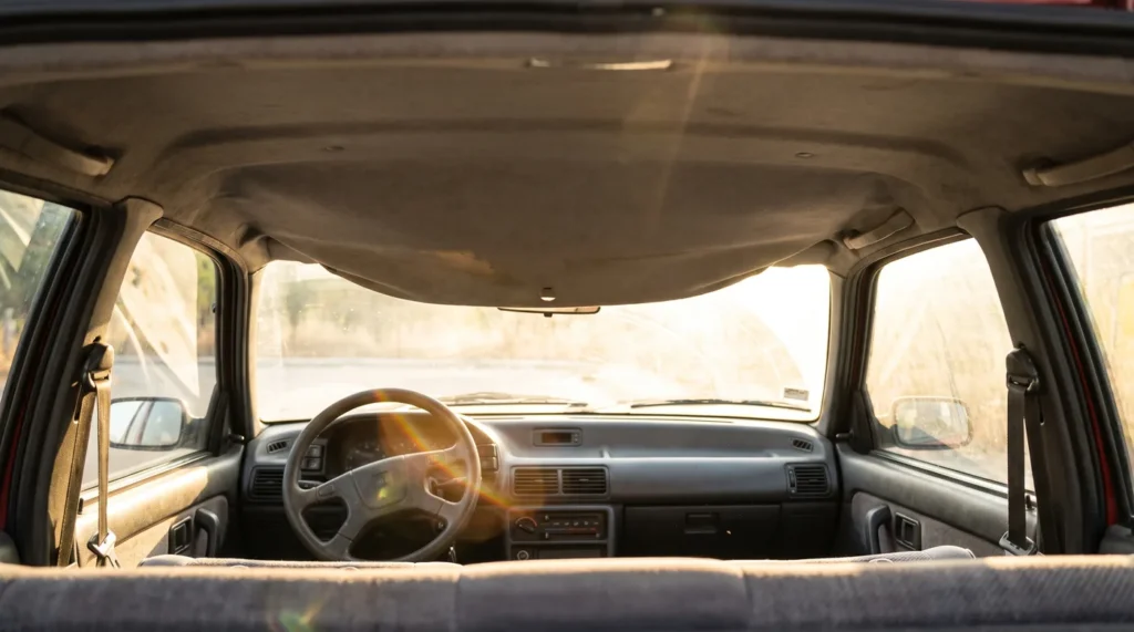 Habitacle d’une voiture garée en plein soleil : la lumière inonde le tableau de bord et le ciel de toit commence à s’affaisser au-dessus du pare-brise