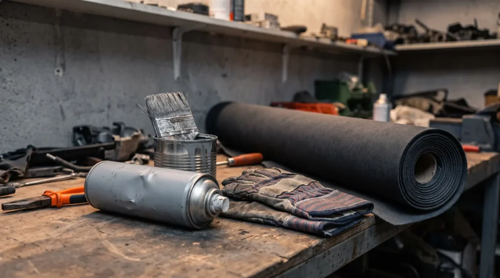 Bombe aérosol sans étiquette posée sur un établi à côté d'un pot avec son pinceau, de gants de travail et d'un rouleau de tissu de ciel de toit noir