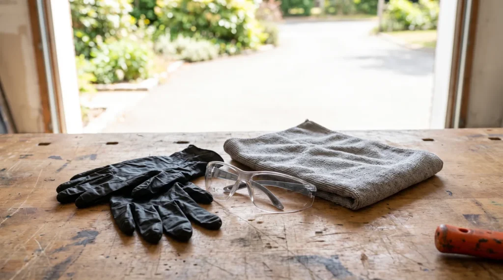 Gants noirs, lunettes de protection et chiffon gris posés sur un établi, devant une porte de garage grande ouverte sur l'extérieur