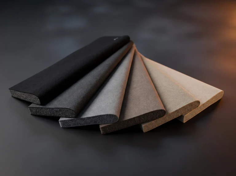 Échantillons de tissus de ciel de toit du noir au beige, mousse visible, disposés en éventail
