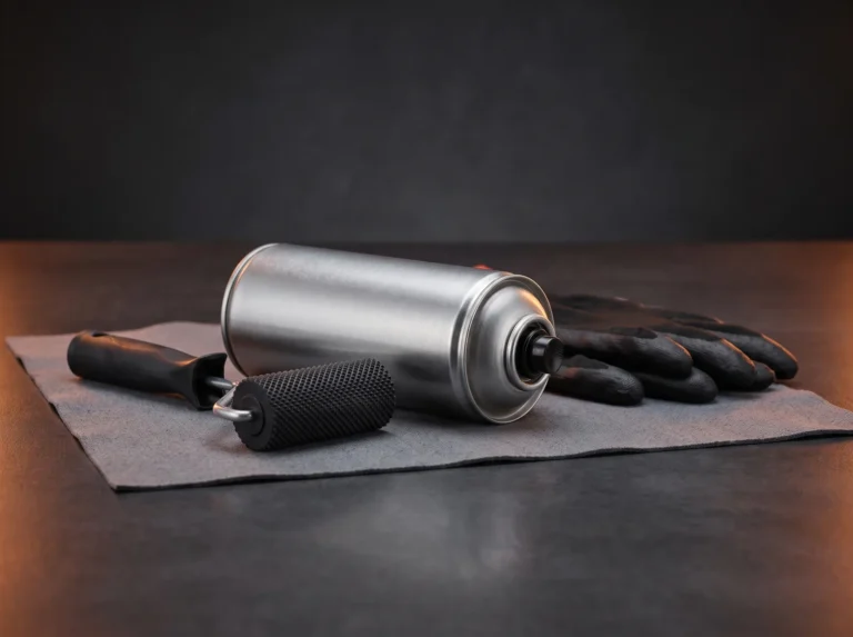 Bombe aérosol sans étiquette, petit rouleau et gants de travail posés sur un tissu gris