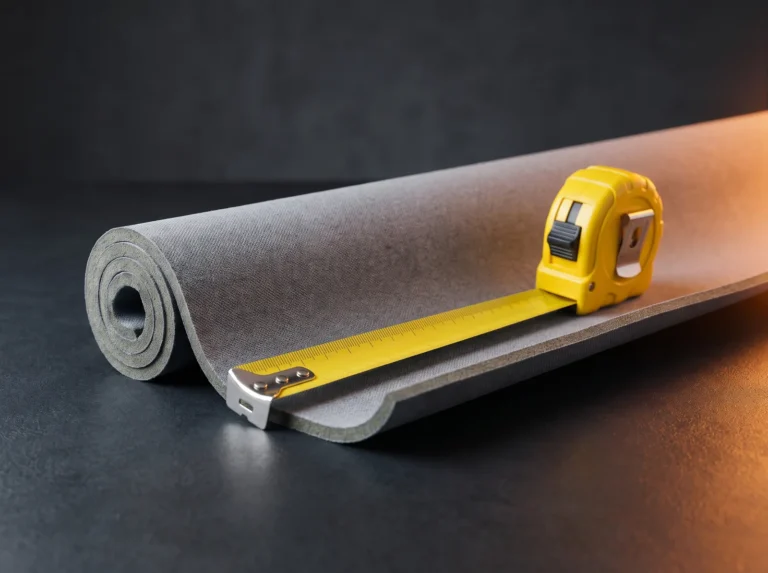 Mètre ruban jaune posé le long d’un rouleau de tissu de ciel de toit gris avec sa mousse