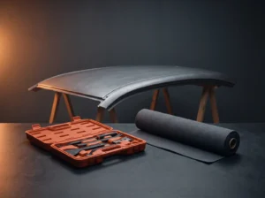 Panneau de ciel de toit sur tréteaux, malle d’outils de démontage orange et rouleau de tissu gris