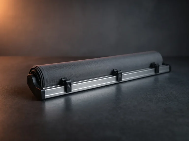 Rideau de toit ouvrant gris enroulé sur son rail aluminium avec ses clips noirs