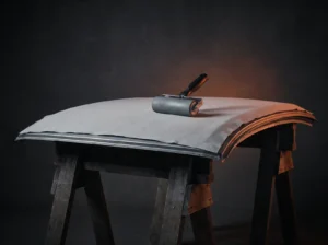 Rouleau de marouflage posé sur un tissu de ciel de toit gris tendu sur un panneau, sur deux tréteaux