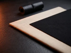Deux échantillons de tissu de ciel de toit, un beige et un noir, superposés en diagonale