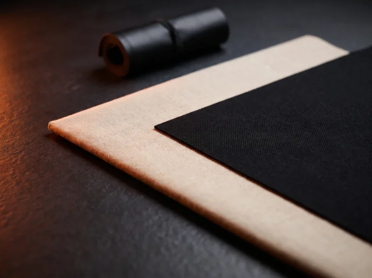 Deux échantillons de tissu de ciel de toit, un beige et un noir, superposés en diagonale