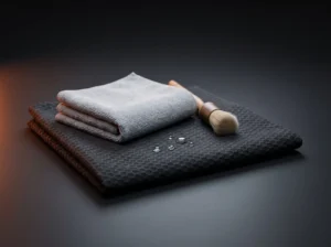 Microfibre grise pliée et brosse douce posées sur un tissu de ciel de toit anthracite à motif nid d’abeille