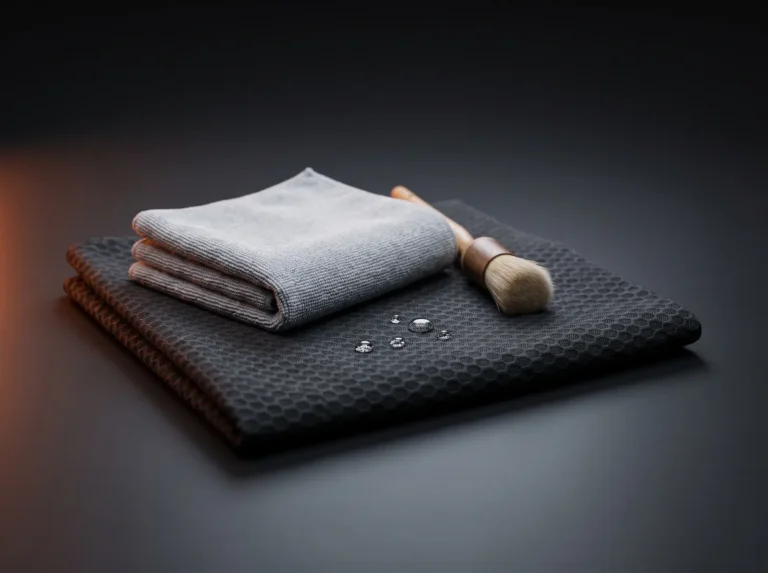 Microfibre grise pliée et brosse douce posées sur un tissu de ciel de toit anthracite à motif nid d’abeille