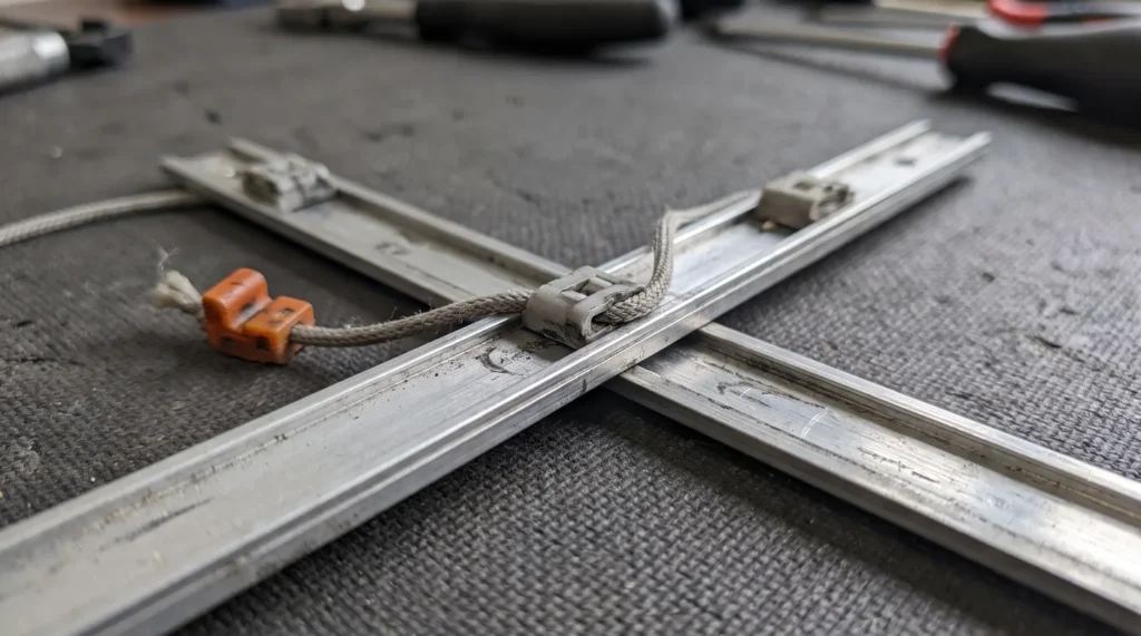 Rails métalliques et coulisseaux en plastique du mécanisme d'un rideau de toit ouvrant, avec leur cordon, posés sur un plan de travail