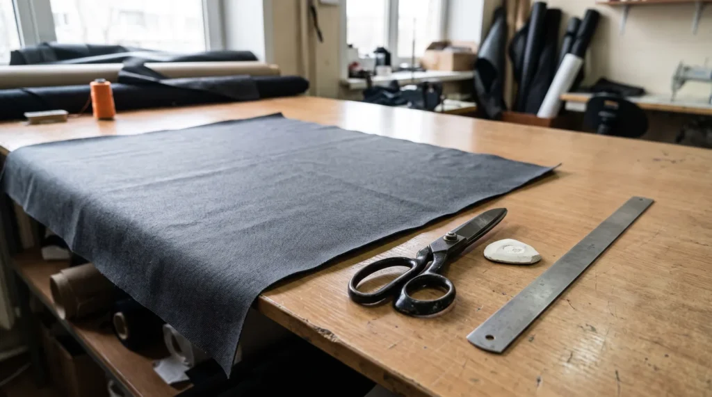 Tissu de ciel de toit gris foncé étalé sur une table de coupe, avec des ciseaux de tailleur, une craie et une règle en métal