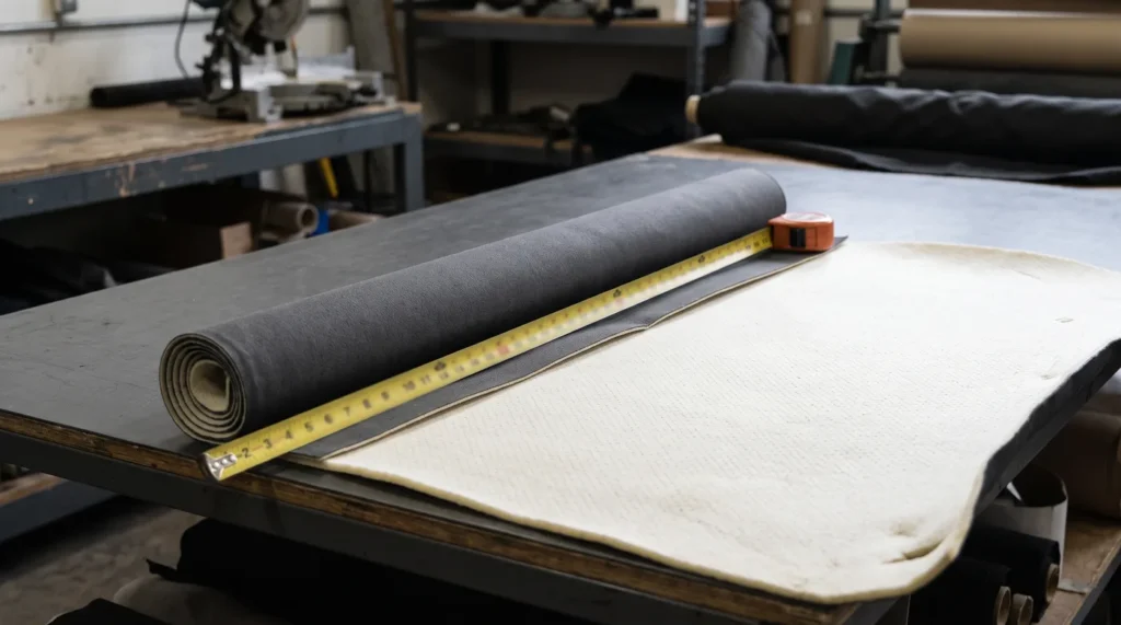 Mètre ruban déroulé le long d'un rouleau de tissu de ciel de toit gris, posé sur une table de coupe avec son envers en mousse beige visible