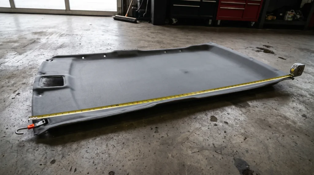 Panneau de ciel de toit gris posé à plat sur le sol d'un atelier avec un mètre ruban tendu sur toute sa longueur