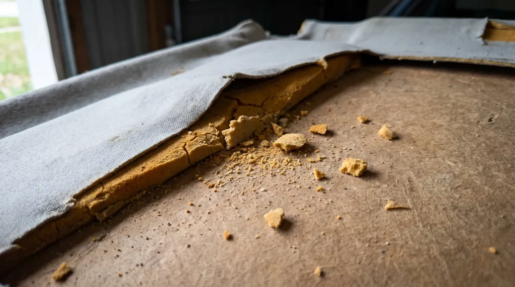 Envers d’un ciel de toit dont la mousse jaunie est fissurée et s’effrite en poussière sur le panneau
