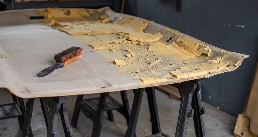 Panneau de ciel de toit sur des tréteaux, moitié nettoyée à la brosse, moitié encore couverte de mousse jaune effritée.