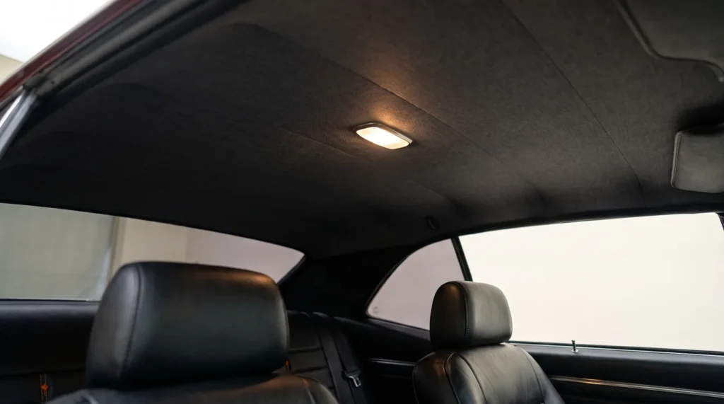 Habitacle d'une voiture avec un ciel de toit en tissu anthracite tendu, éclairé par un plafonnier.