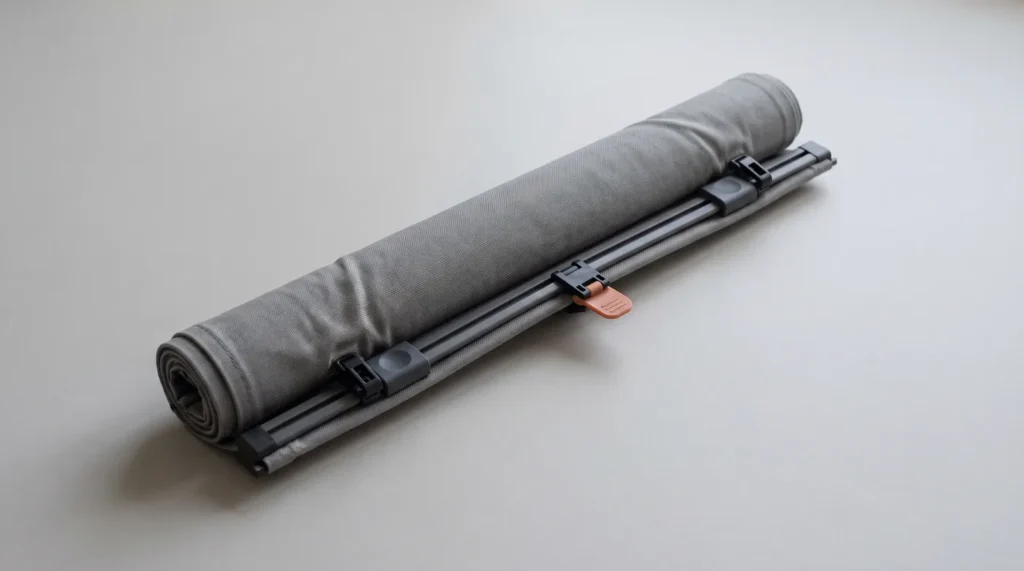 Rideau de toit ouvrant gris enroulé avec ses glissières et ses clips en plastique, posé sur un fond neutre