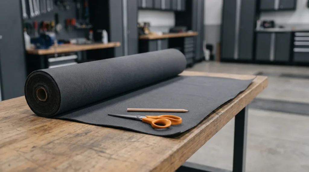 Rouleau de tissu de ciel de toit gris foncé déroulé sur un établi d'atelier, avec une paire de ciseaux et un crayon