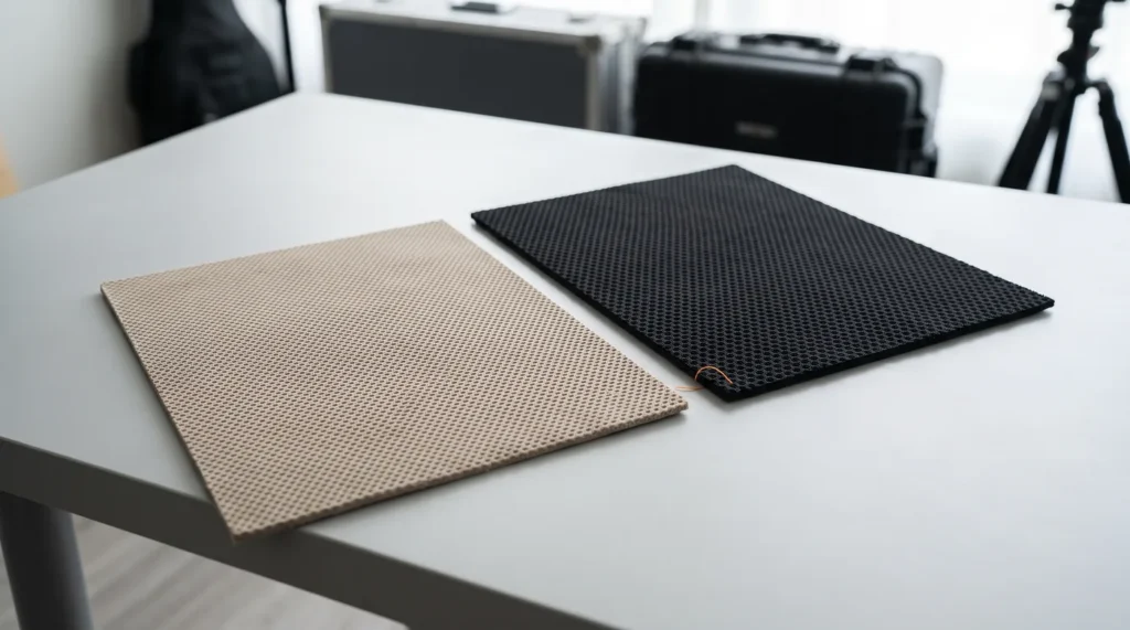 Deux échantillons de tissu de ciel de toit en nid d'abeille, l'un beige et l'autre noir, posés côte à côte sur une table claire.
