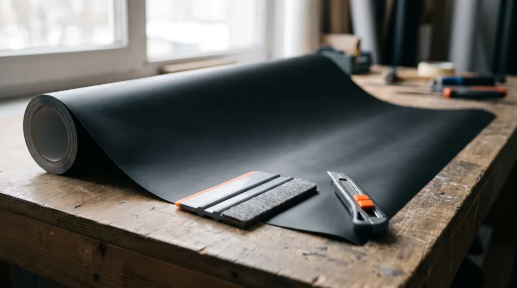 Un rouleau de film vinyle noir mat déroulé sur un établi, avec une raclette et un cutter posés dessus.