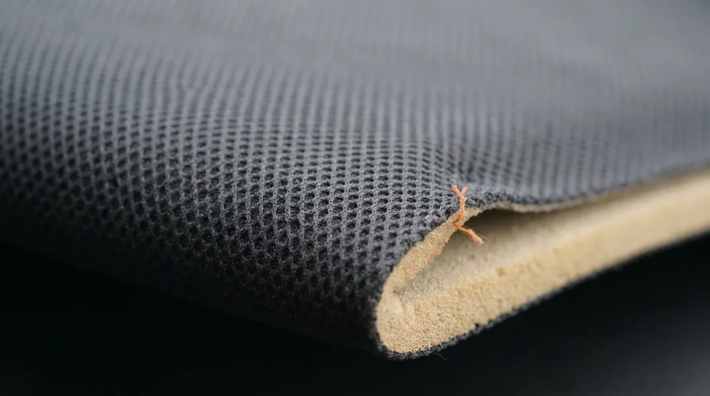 Gros plan d'un tissu de ciel de toit nid d'abeille gris foncé, avec son dos en mousse visible sur le bord replié